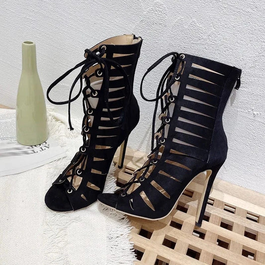 Aneikeh Women Summer Open Toe Cross Strap Sandals Boots Party 2024 Fashion Butterfly-Knot Sexy Flock Thin High Heel Ankle Boots