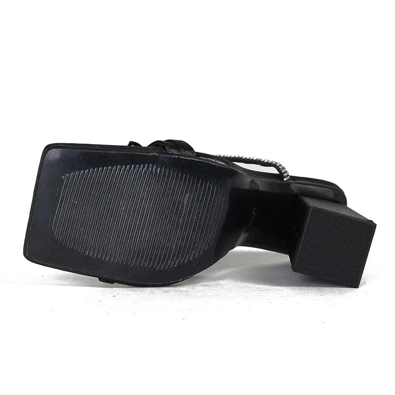 AneikehBlack Fashion Slip-On Cross-Tied Square Head Polka Dot Bling High Heel Butterfly-Knot Sandals Strap Shoes Summer NEW 2024