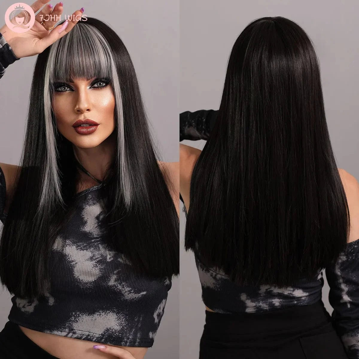 Anime black gray Purple Wig for Women Long Straight Wig with Bangs Synthetic Ombre Colored Hair for Cosplay Party 26 Inch Ombre Purple