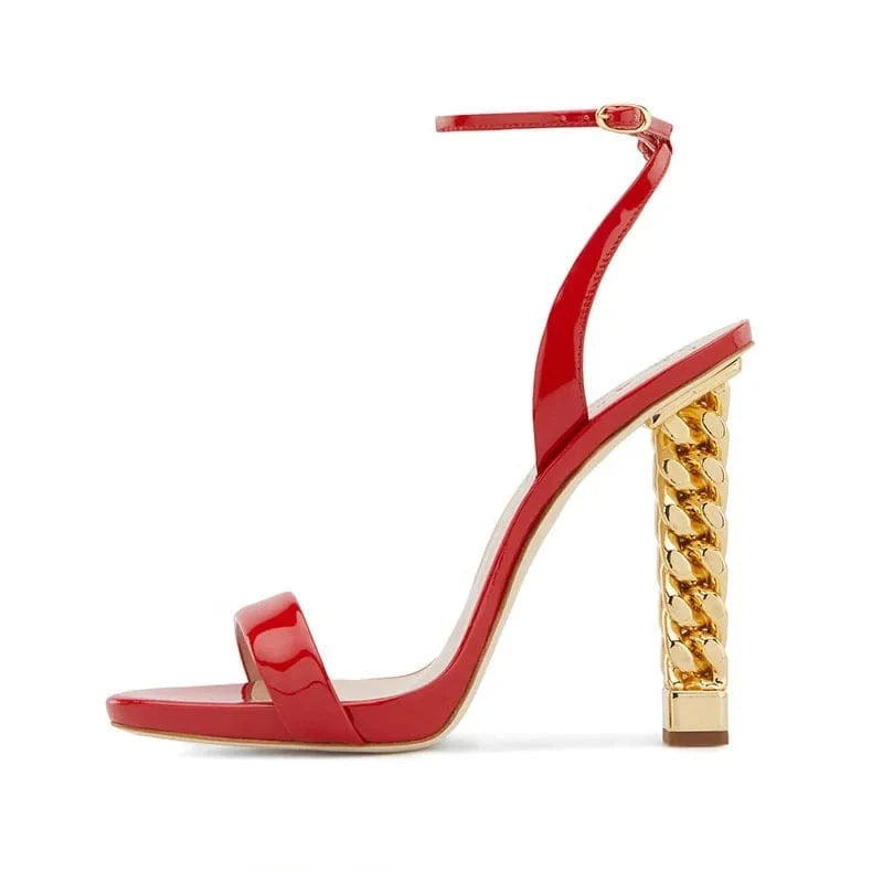 Anmairon custom made sexy gold heel red shiny strap design heel ladies sandals