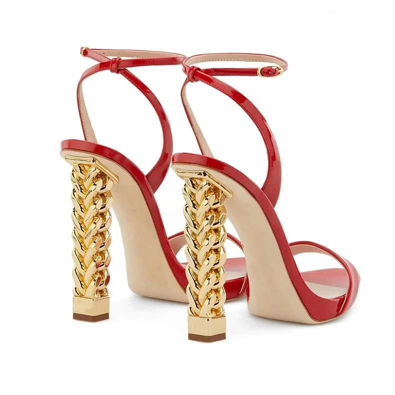 Anmairon custom made sexy gold heel red shiny strap design heel ladies sandals
