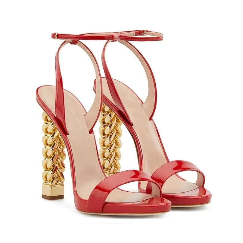 Anmairon custom made sexy gold heel red shiny strap design heel ladies sandals