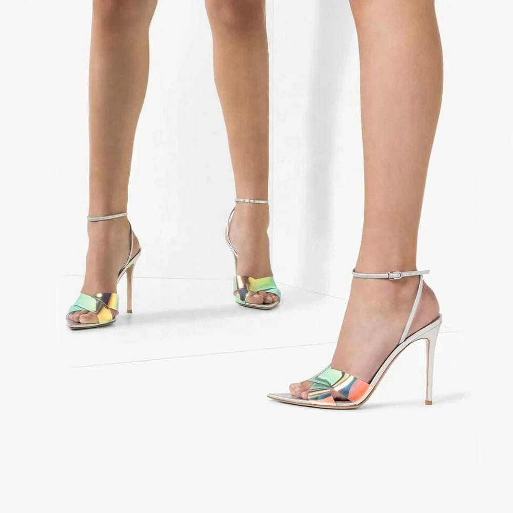 Anmairon custom made Transparent iridescence PVC strap pointed toe heel sandals shoes