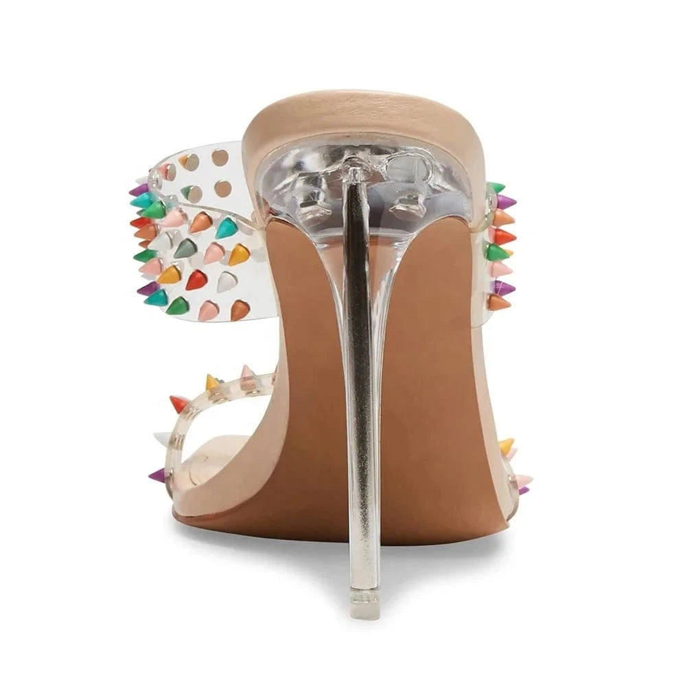 Anmairon wholesale multi colorful rivets clear PVC women shoe clear stiletto heel square toe ladies slipper sandals shoes