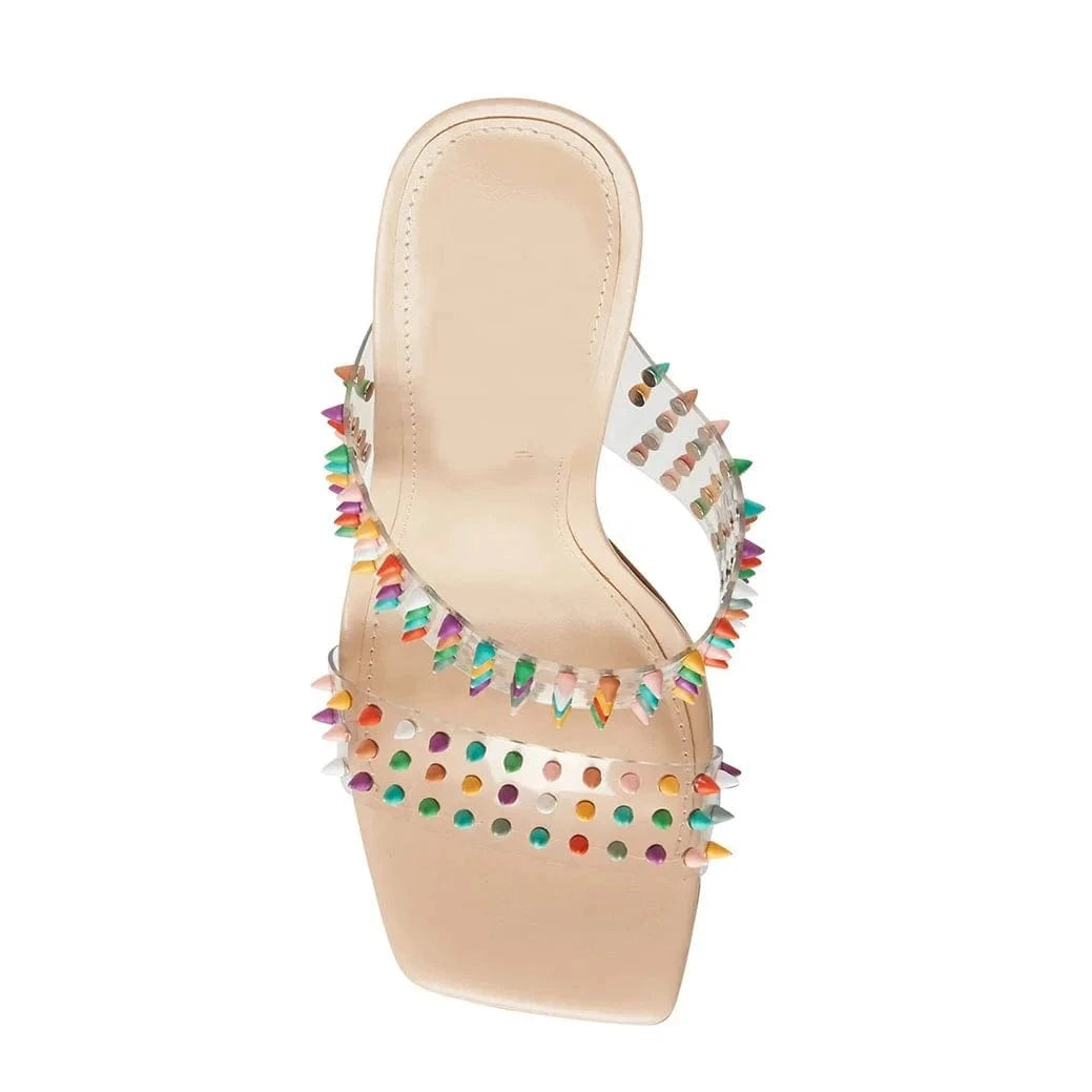 Anmairon wholesale multi colorful rivets clear PVC women shoe clear stiletto heel square toe ladies slipper sandals shoes