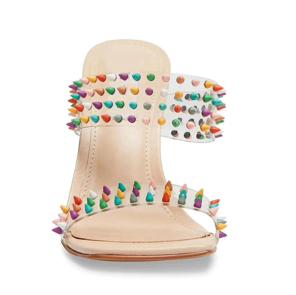 Anmairon wholesale multi colorful rivets clear PVC women shoe clear stiletto heel square toe ladies slipper sandals shoes