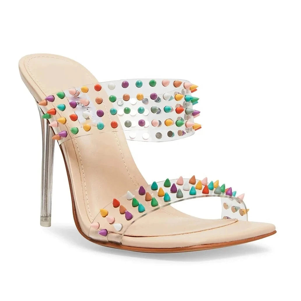Anmairon wholesale multi colorful rivets clear PVC women shoe clear stiletto heel square toe ladies slipper sandals shoes