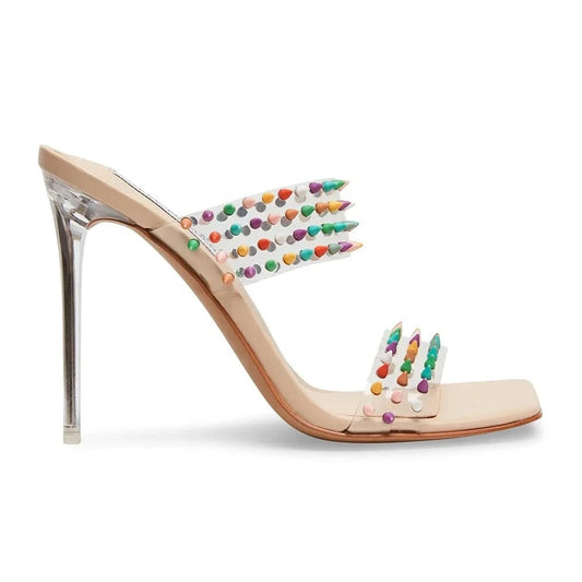 Anmairon wholesale multi colorful rivets clear PVC women shoe clear stiletto heel square toe ladies slipper sandals shoes