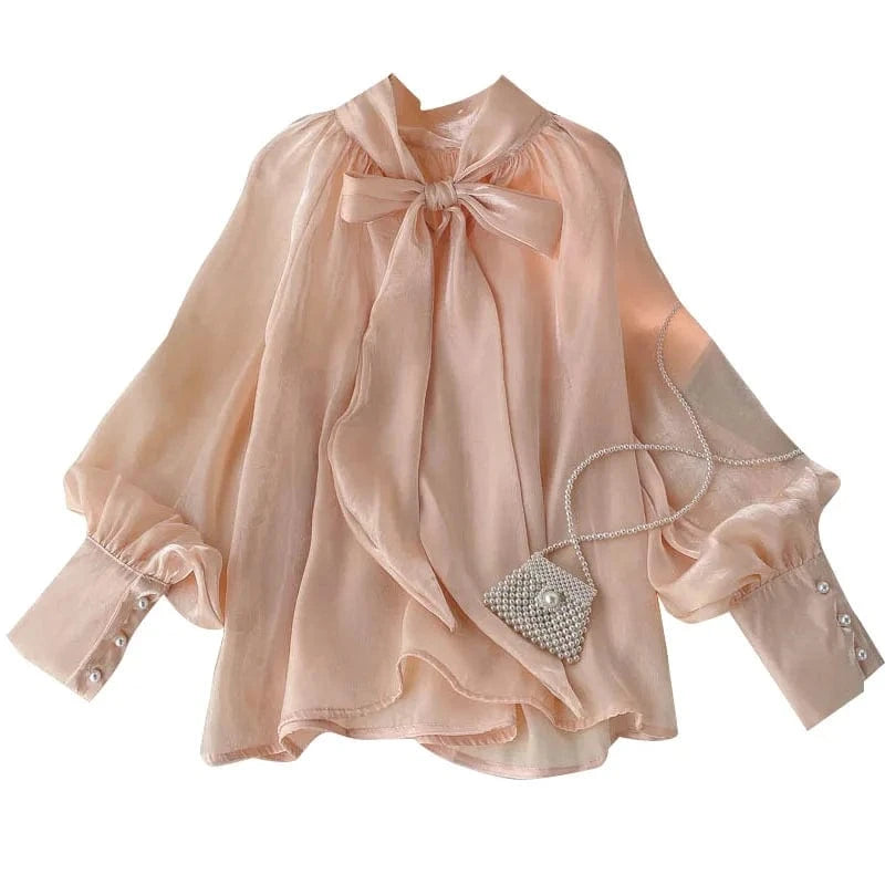 ANSZKTN Spring Fall New France Bow Celebrities Loose Sweet Lace Puff Sleeve Top For Women