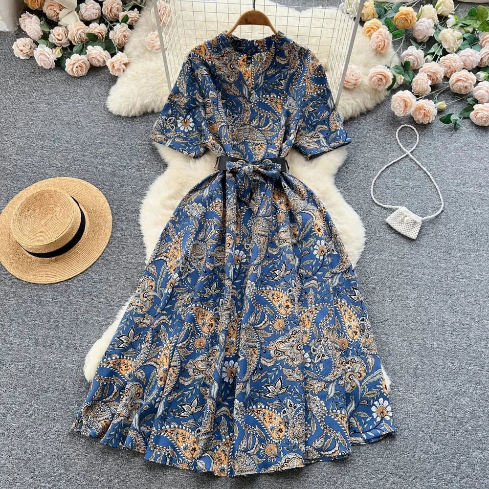 ANSZKTN Summer  Shirt Dress Women Printed Waist Wrapped Over Knee Large Swing Celebrity Fragmented Flower Long Dress