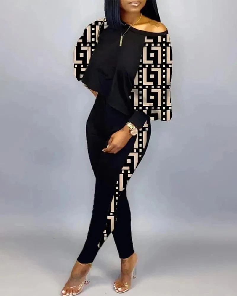 ANSZKTN Women Spring Fall Individuality Print Long Sleeve Pullover Long Pants Autumn Womens Two Piece Casual Sets