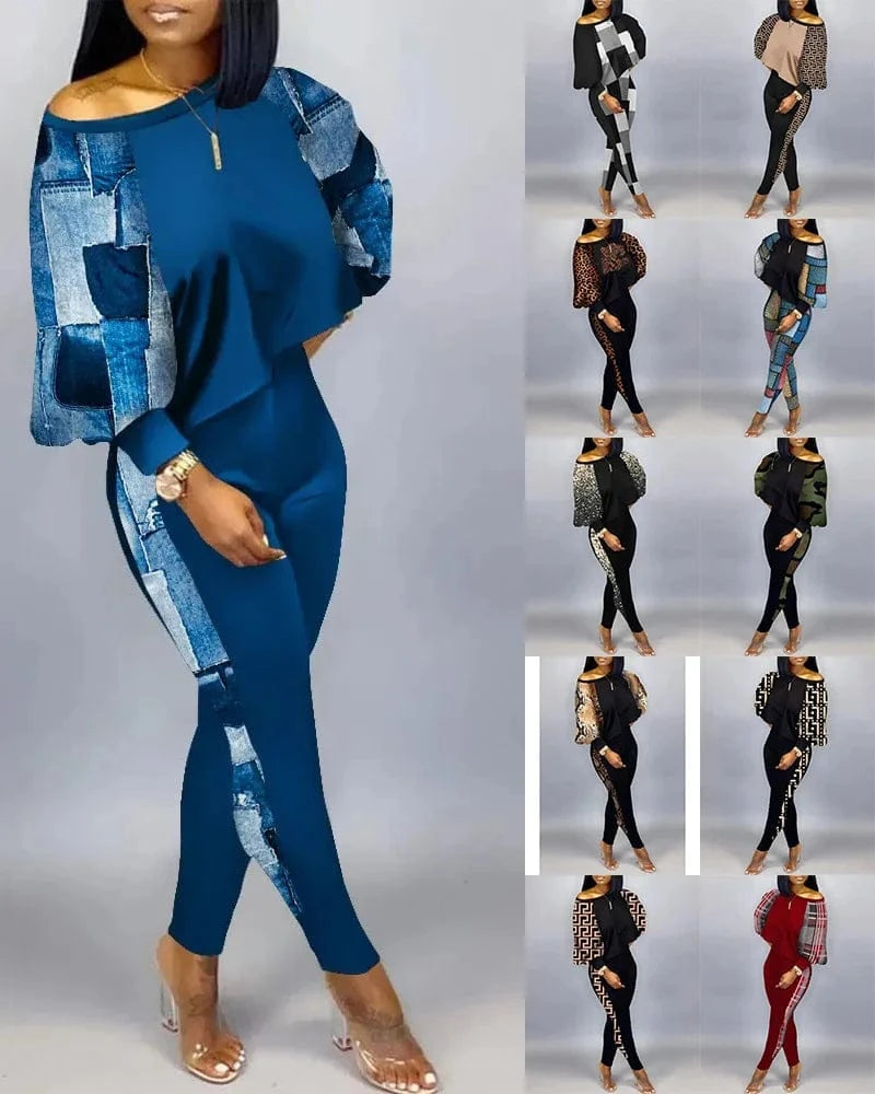 ANSZKTN Women Spring Fall Individuality Print Long Sleeve Pullover Long Pants Autumn Womens Two Piece Casual Sets