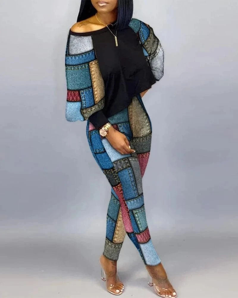 ANSZKTN Women Spring Fall Individuality Print Long Sleeve Pullover Long Pants Autumn Womens Two Piece Casual Sets