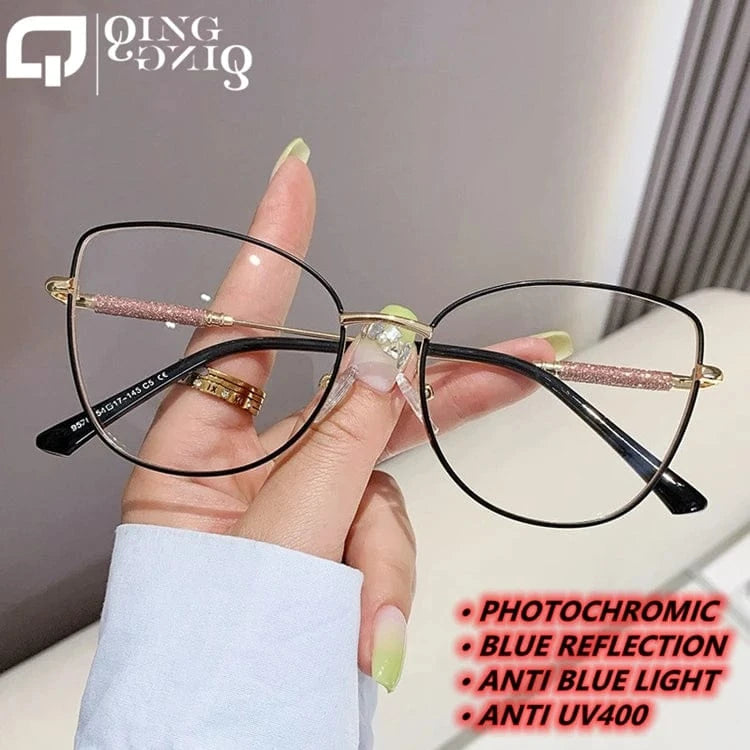 anti blue light photochromic white gold metal diamond 2024 photogray anti reflection bezel computer women frames for eye glasses