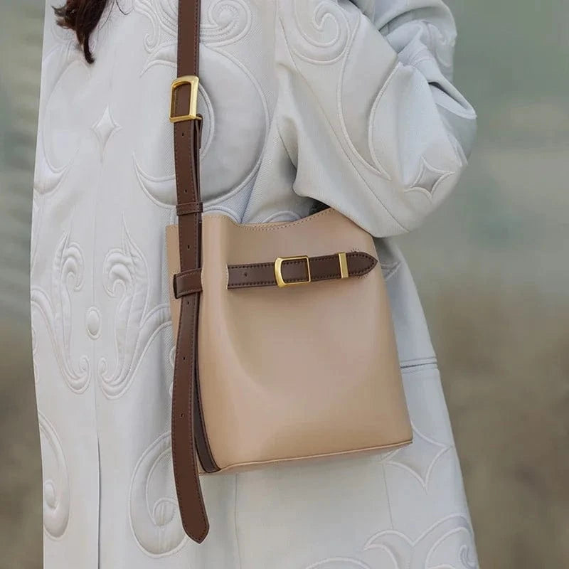 APRICOT / 22x8x18cm Cow Split Leather Bucket Bag Women Vintage messenger High Quality Simple Handbag Lady Shoulder Bag Luxury Female Crossbody Bags