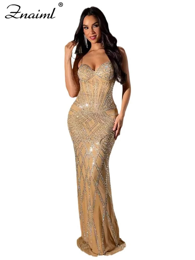 apricot dress / S Znaiml Luxury Women Celebrity Spaghetti Strap Sleeveless Prom Formal Mermaid Maxi Dress Sexy Sparkly Rhinestone Birthday Vestido