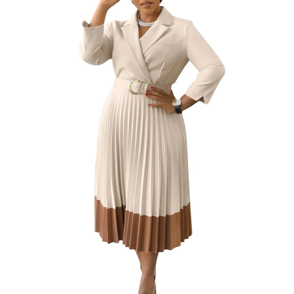 Apricot / M 2024 Autumn Fashion Women Elegant Pleated Dress Suit Collar Long Sleeve Belt African Dresses Office Lady Pleat Church Dress