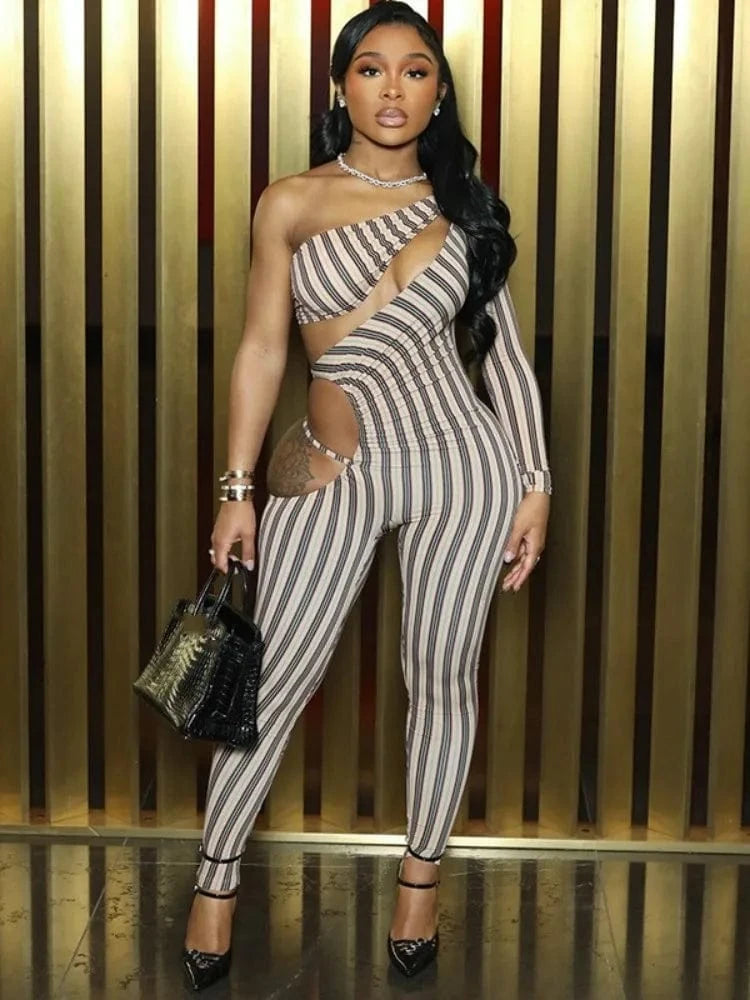 Apricot / M Joskaa Striped Print Cutout Jumpsuits Women Hipster Sexy Oblique Shoulder Backless Skinny One Piece Rompers Midnight Clubwear