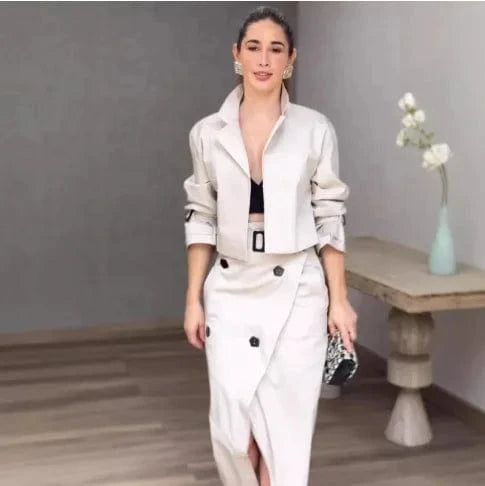 apricot / M Two Piece Set Women Dress Sets Belt Midi Skirts Cardigan Coats Suits A Line Loose Fit Casual Frock Skirt Office Lady Spring