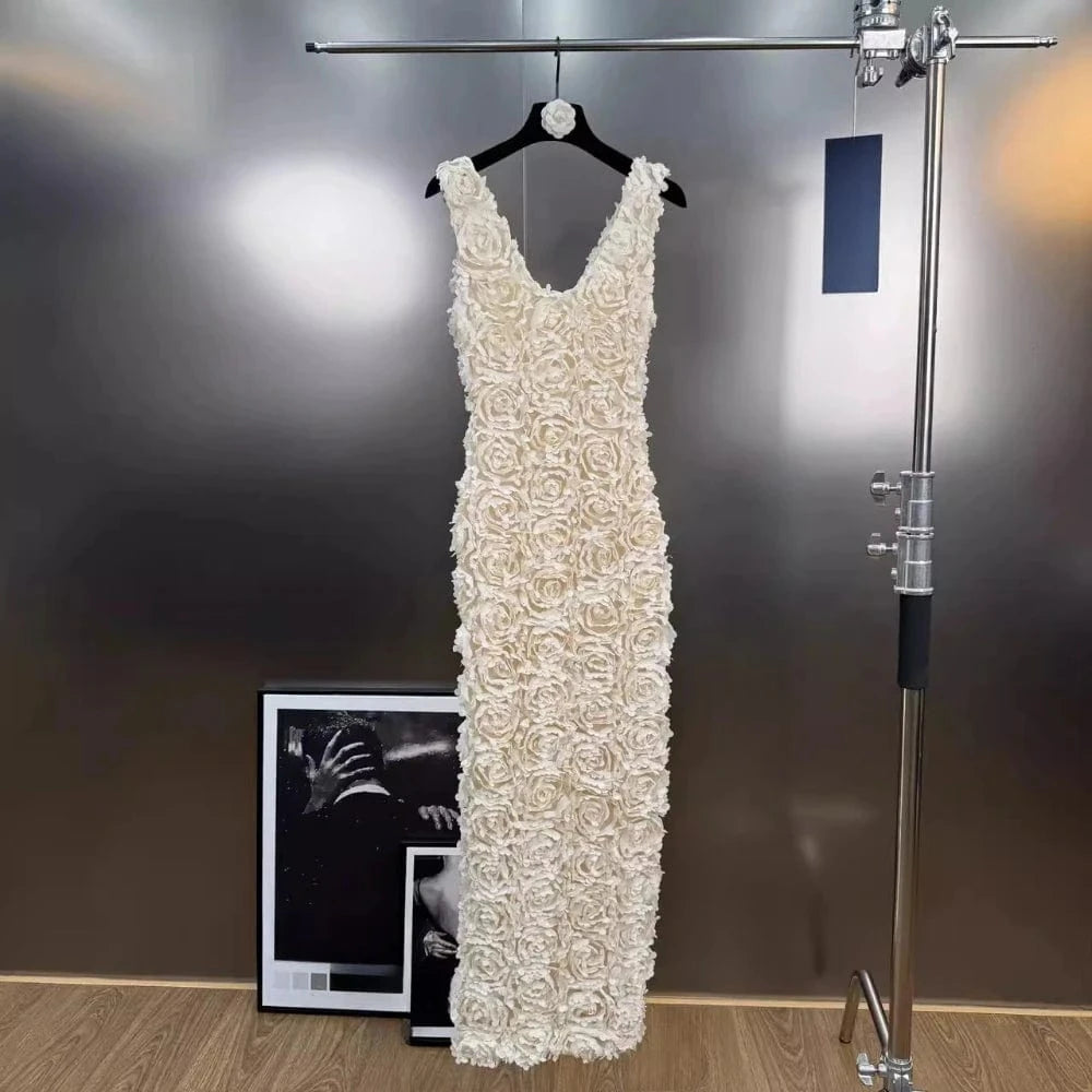 APRICOT / M VGH Spliced 3D Rose Sexy Evening Dress for Women V Neck Sleeveless High Waist Backless Luxury Ceremony Long Dresses Female New