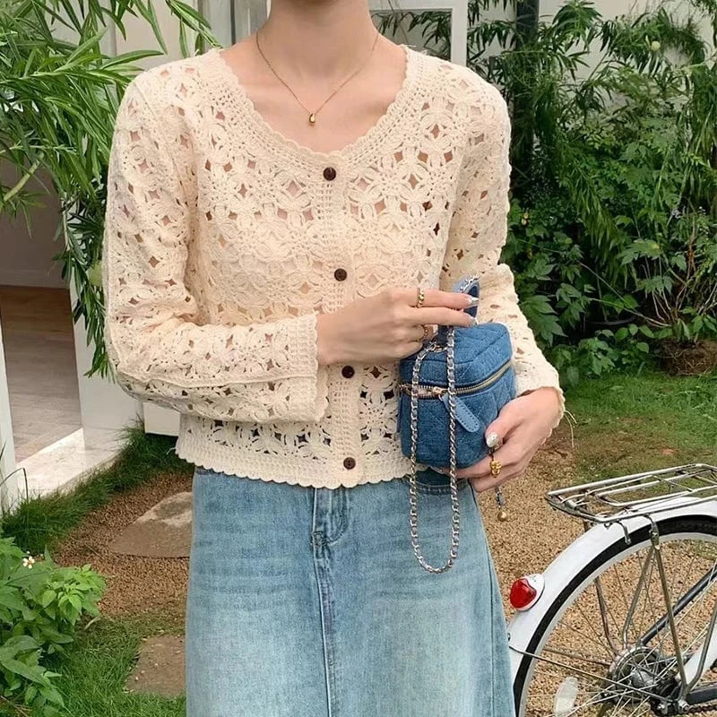 APRICOT / One Size Long Sleeve Crochet Top for Women Sheer Button Up Hollow Out Openwork Knit Cardigan Jacket Spring Summer Boho Vacation Outfit