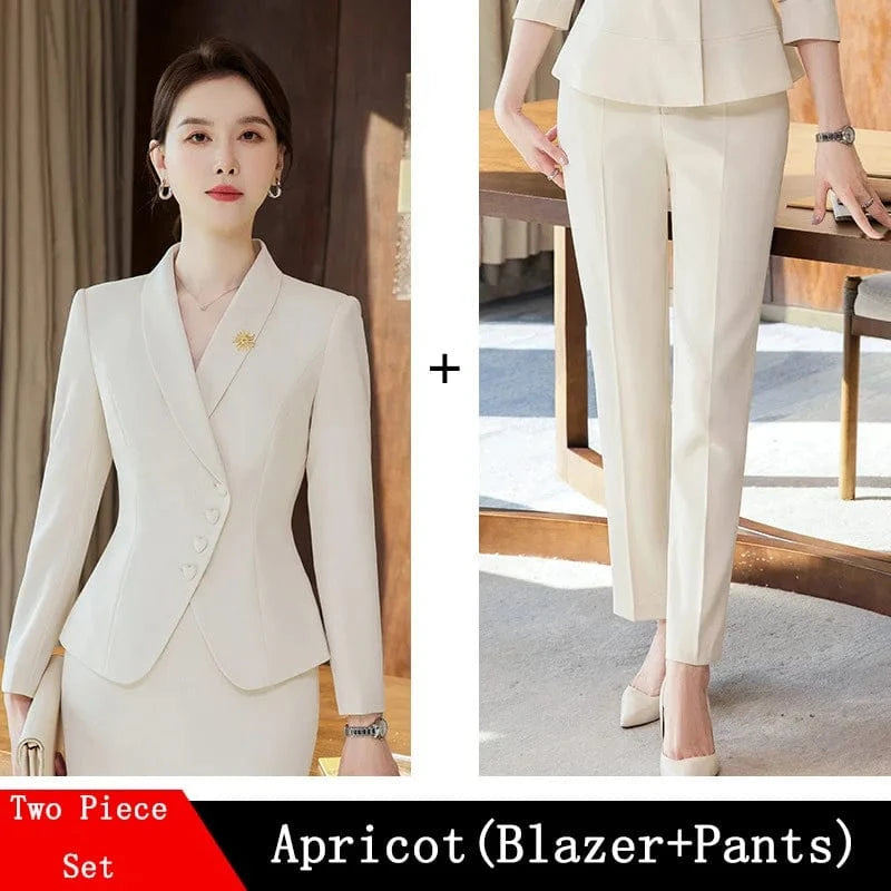 Apricot Pant Suits / M / CHINA Office Business Women's Suit Pants Two-piece Set 2024 New Spring Autumn Long Sleeve Heart Button Jacket Slim Trousers Skirts