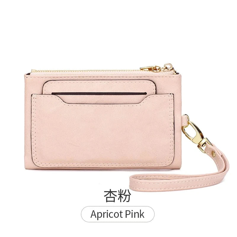 Apricot Pink 2024 New Women's Wallet Medium Retro Style Zipper Folding Multi Card Large Capacity Handbag Wallet Clip Wrist Strap