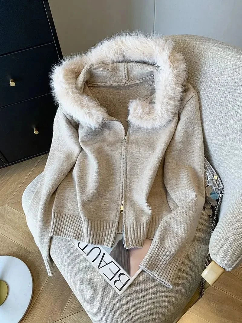 apricot / S Milk white big fur collar hooded knit cardigan women's autumn and winter new fashion sense unique and chic zipper top.