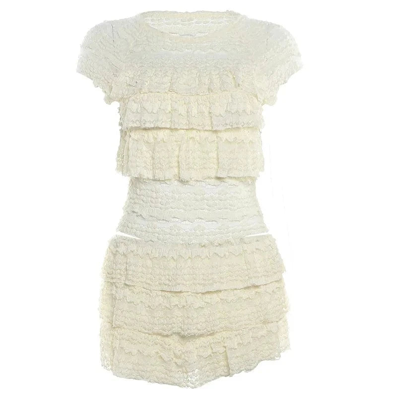 apricot / S Two Piece Women Crop Top And Mini Skirt Matching Set 2024 New Summer Fashion Sexy White Lace Ruffle Ruched Skirts Outfits