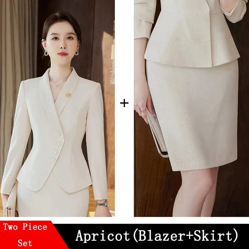 Apricot Skirt Suits / M / CHINA Office Business Women's Suit Pants Two-piece Set 2024 New Spring Autumn Long Sleeve Heart Button Jacket Slim Trousers Skirts