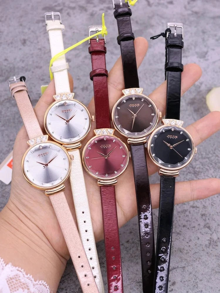 Aquarius CZ Julius Lady Women's Watch Japan Quartz Fashion Rhinestones Hours Bracelet Real Leather Girl's Gift Box