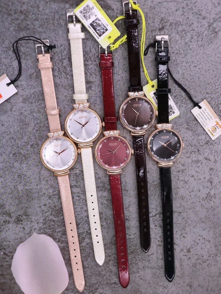 Aquarius CZ Julius Lady Women's Watch Japan Quartz Fashion Rhinestones Hours Bracelet Real Leather Girl's Gift Box