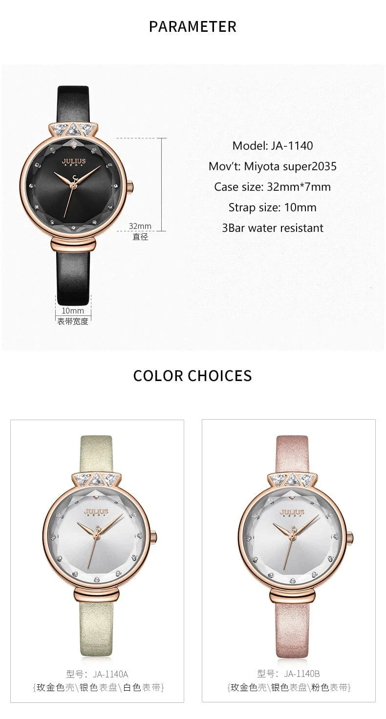 Aquarius CZ Julius Lady Women's Watch Japan Quartz Fashion Rhinestones Hours Bracelet Real Leather Girl's Gift Box