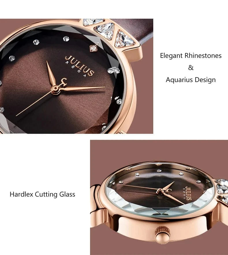 Aquarius CZ Julius Lady Women's Watch Japan Quartz Fashion Rhinestones Hours Bracelet Real Leather Girl's Gift Box