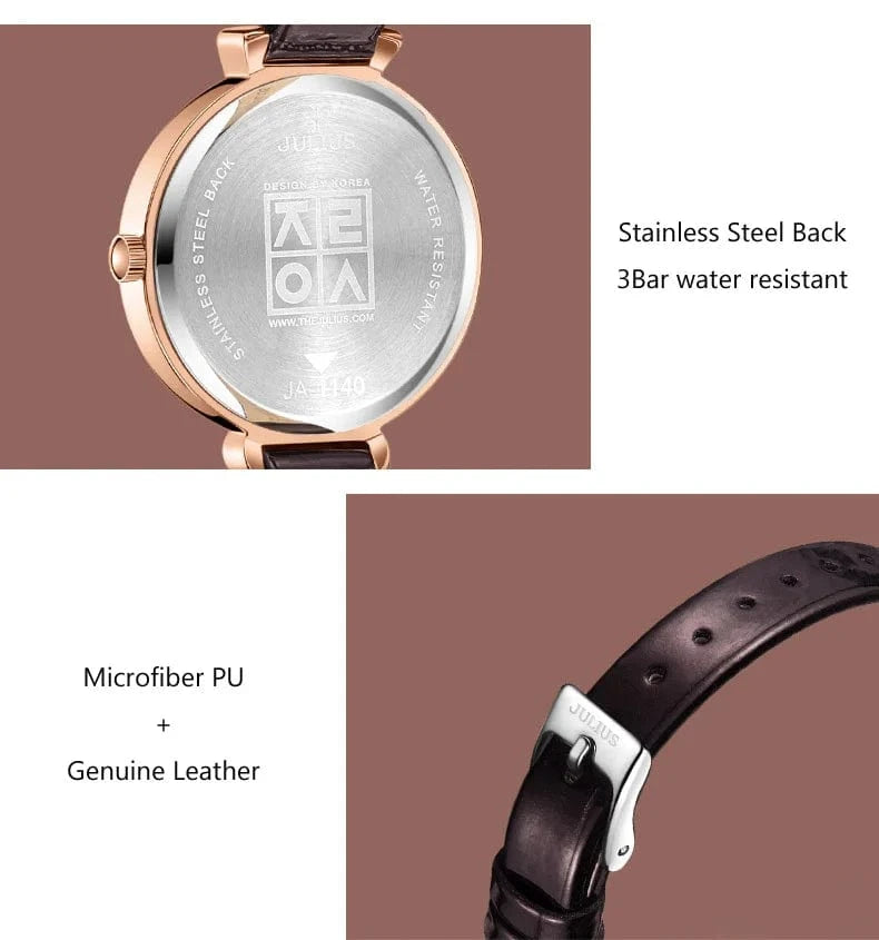 Aquarius CZ Julius Lady Women's Watch Japan Quartz Fashion Rhinestones Hours Bracelet Real Leather Girl's Gift Box