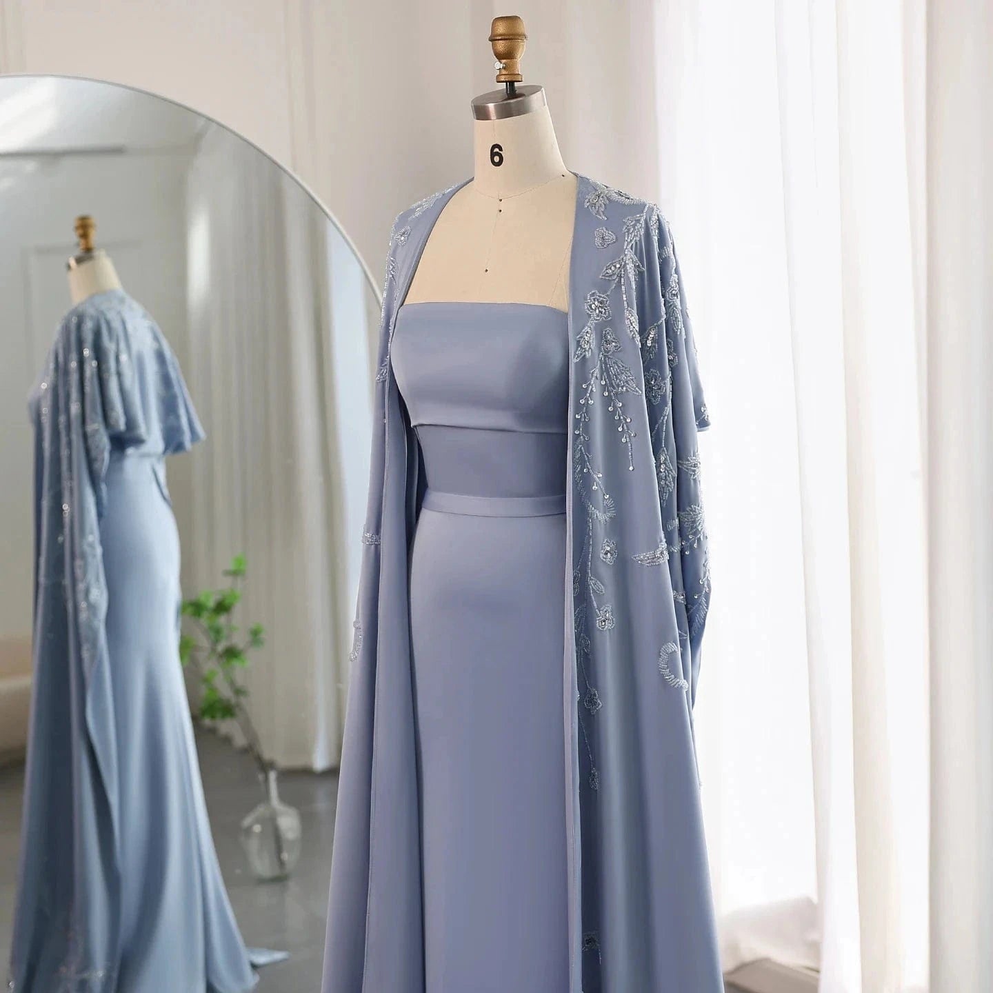Arabic Blue Mermaid Evening Dress with Cape Sleeves 2024 Luxury Beaded Dubai Women Wedding Guest Party Gowns SZ407