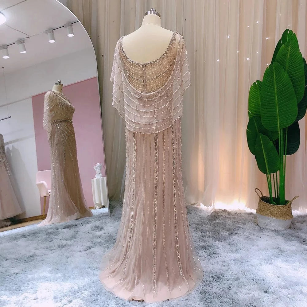 Arabic Champagne Dubai Mermaid Evening Dress With Cape Luxury Bead Formal Prom Dresses For Women Wedding Party Scz203-2