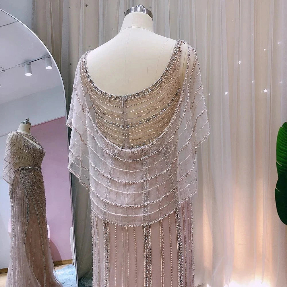 Arabic Champagne Dubai Mermaid Evening Dress With Cape Luxury Bead Formal Prom Dresses For Women Wedding Party Scz203-2