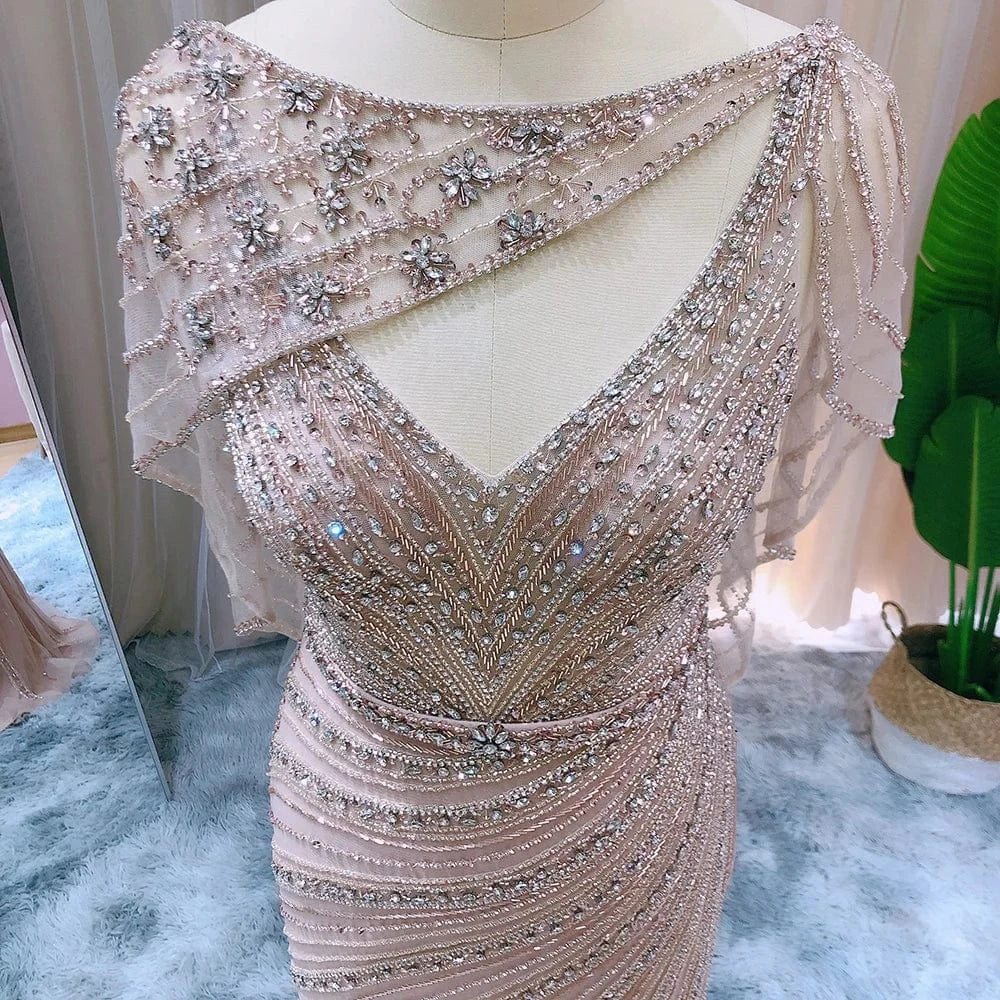 Arabic Champagne Dubai Mermaid Evening Dress With Cape Luxury Bead Formal Prom Dresses For Women Wedding Party Scz203-2