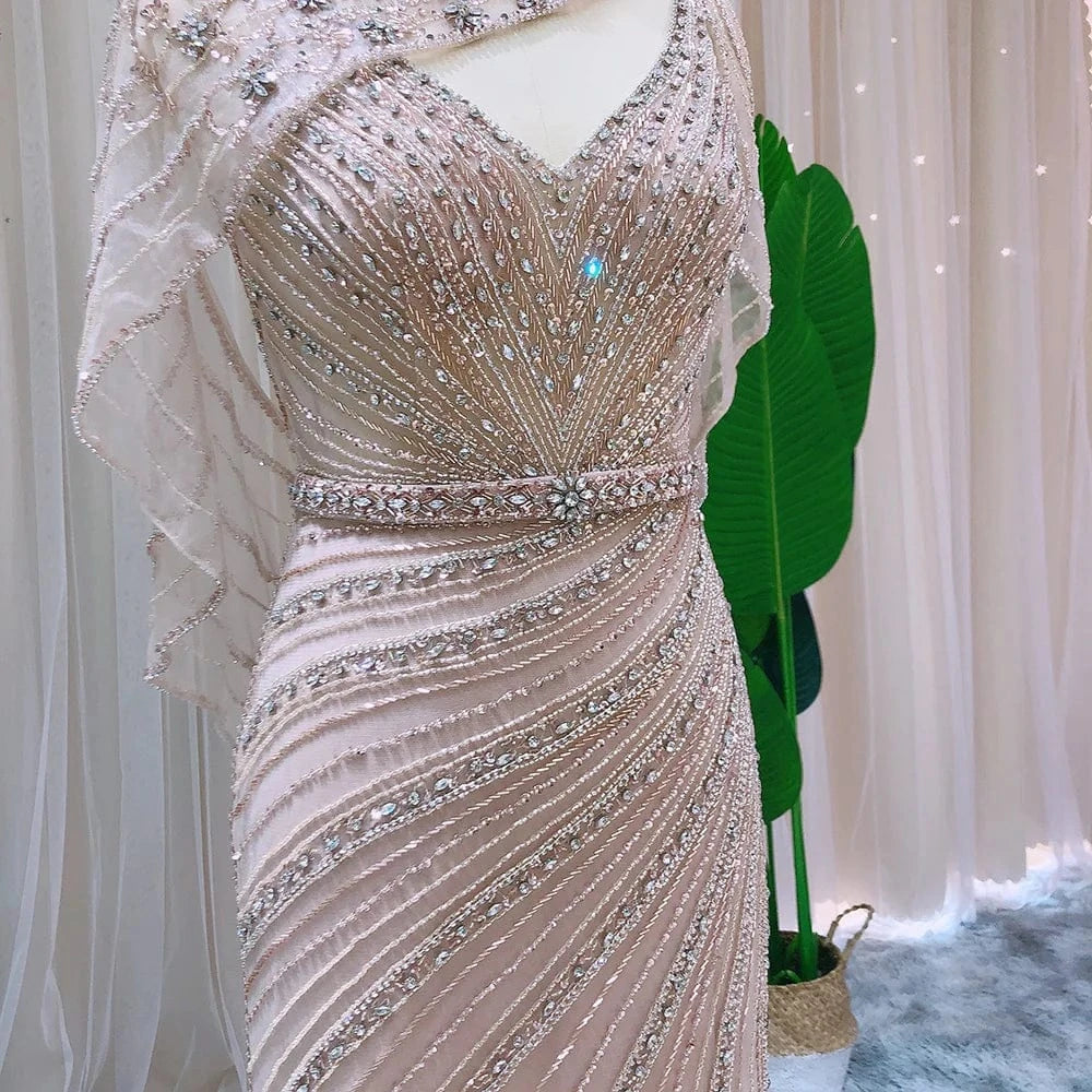 Arabic Champagne Dubai Mermaid Evening Dress With Cape Luxury Bead Formal Prom Dresses For Women Wedding Party Scz203-2