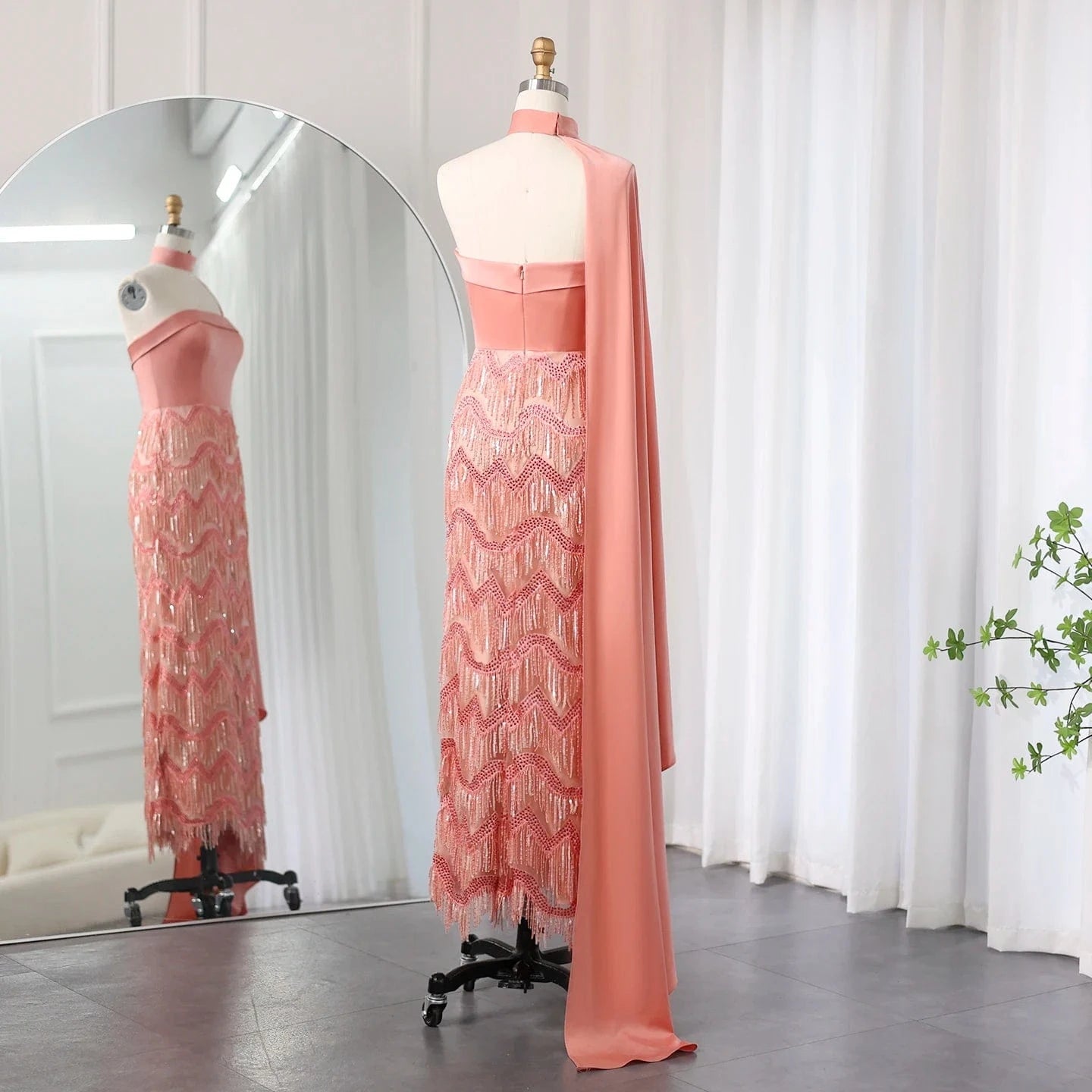 Arabic Coral Pink Tassel Evening Dress With Scarf 2024 Elegant Strapless Dubai Women Wedding Party Gowns Sz460