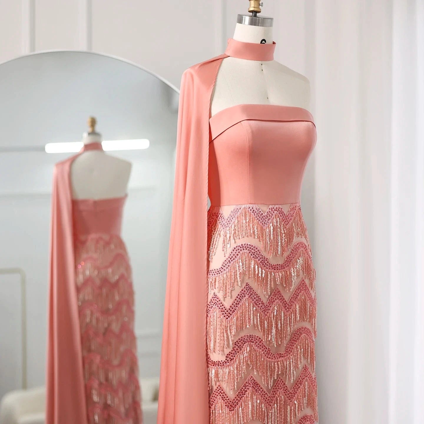 Arabic Coral Pink Tassel Evening Dress With Scarf 2024 Elegant Strapless Dubai Women Wedding Party Gowns Sz460