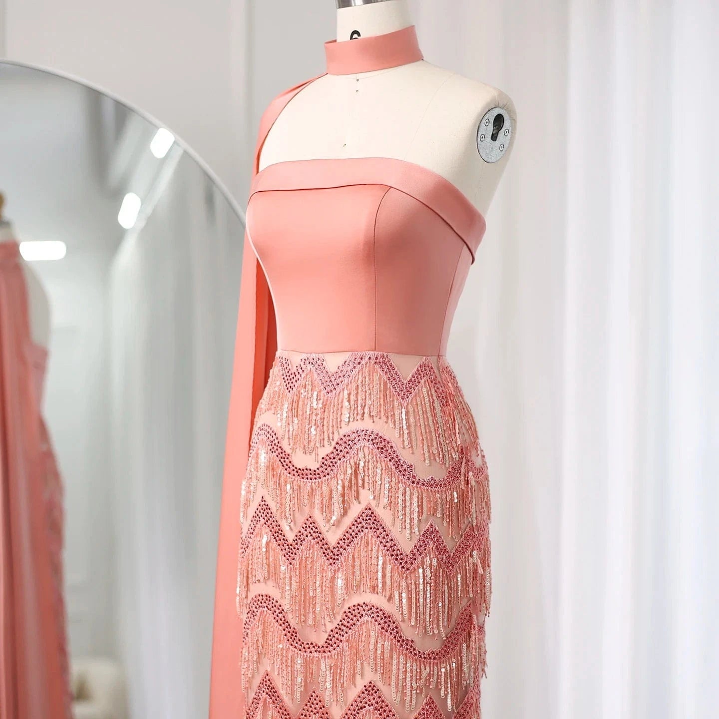 Arabic Coral Pink Tassel Evening Dress With Scarf 2024 Elegant Strapless Dubai Women Wedding Party Gowns Sz460