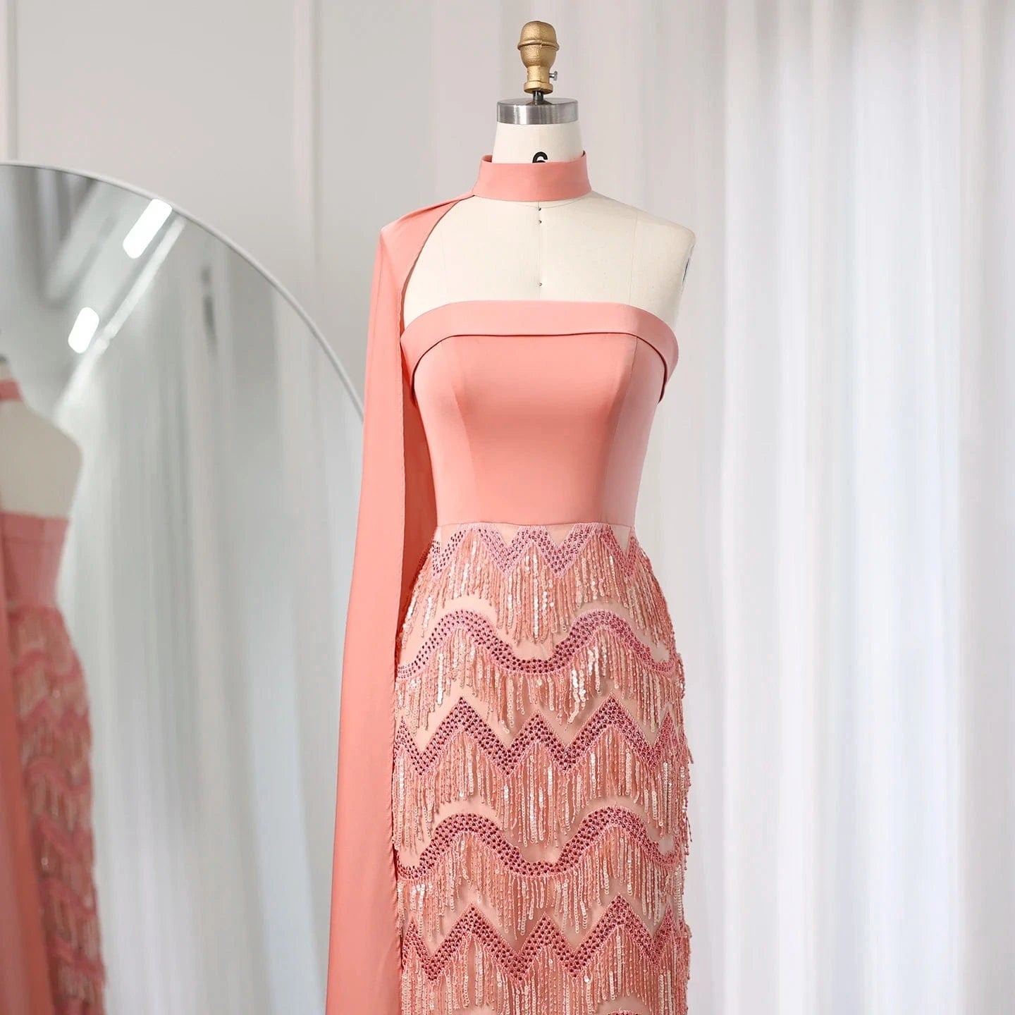 Arabic Coral Pink Tassel Evening Dress With Scarf 2024 Elegant Strapless Dubai Women Wedding Party Gowns Sz460
