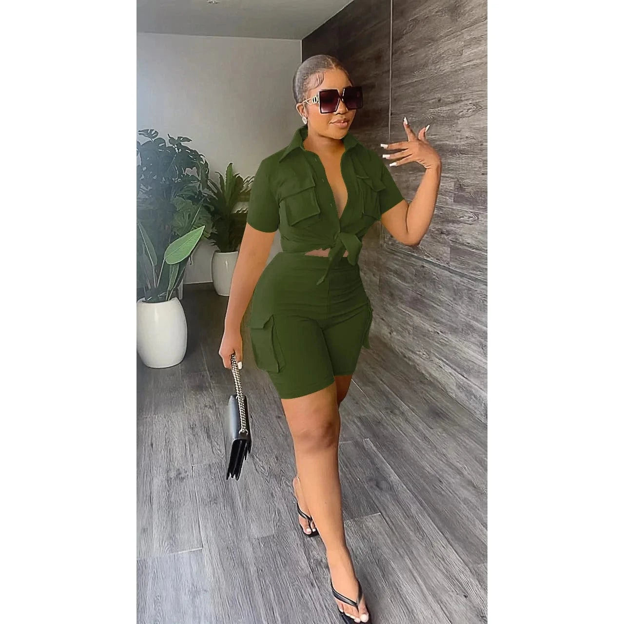 army green / XXL Autumn Streetwear Casual 2 Two Pieces Sets Women Outfit 2023 Long Sleeve Buttons Crop Tops Black Pink White Pockets Shorts Suits