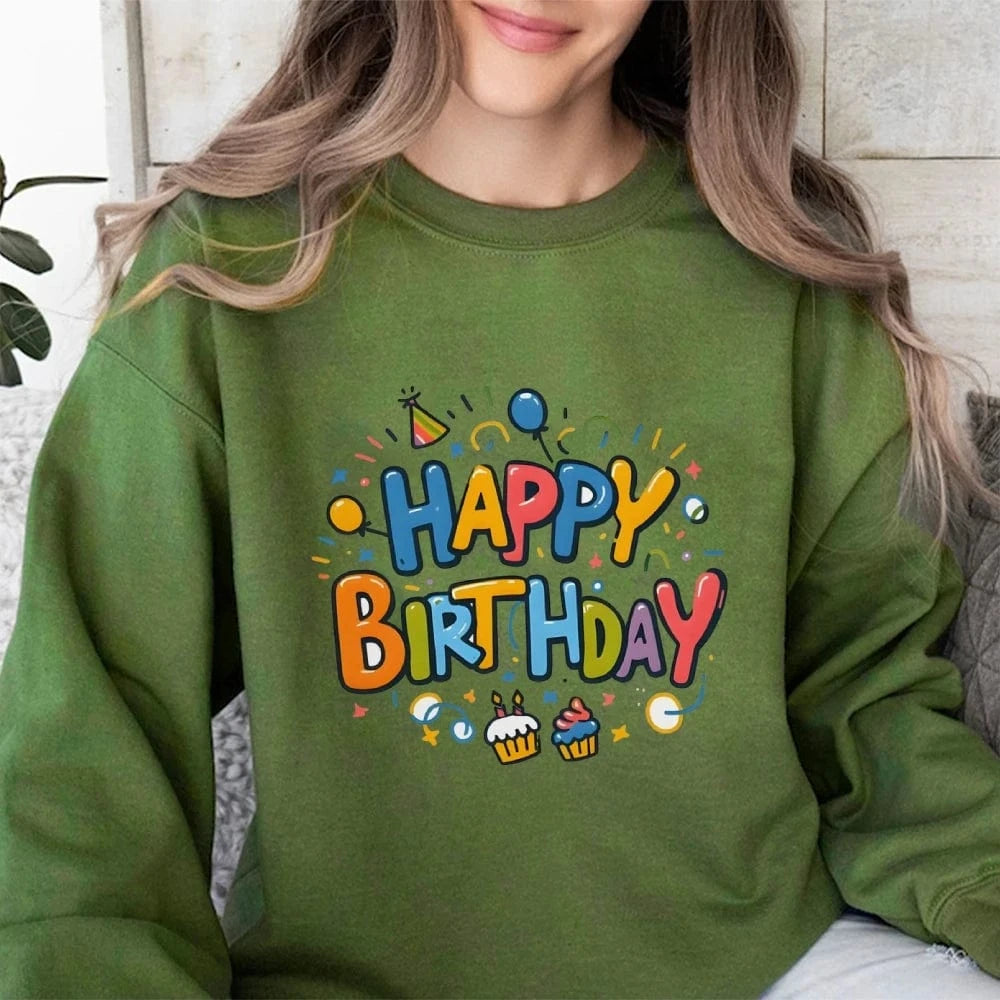 army green / XXL Birthday Graphic Casual Sweatshirt Trendy Multi-Colored Cotton Soft Top New Fashion Crew Neck Pullover Long Sleeve Loose Sweater