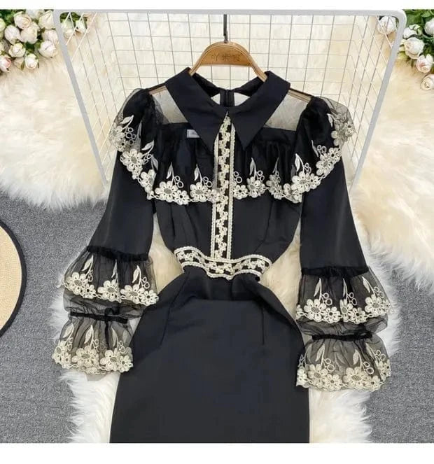 Arrivals ANSZKTN New Ladies Clothing Wholesale European And American Retro Embroidery Lace Decoration Slim Casual Dresses