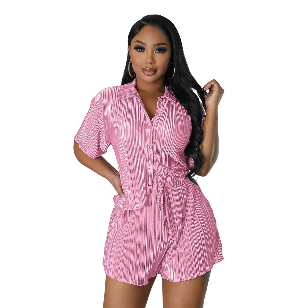 Arrivals summer 2024 women s clothing Bandages shirt two-piece Folds shorts 2 Piece Set Women