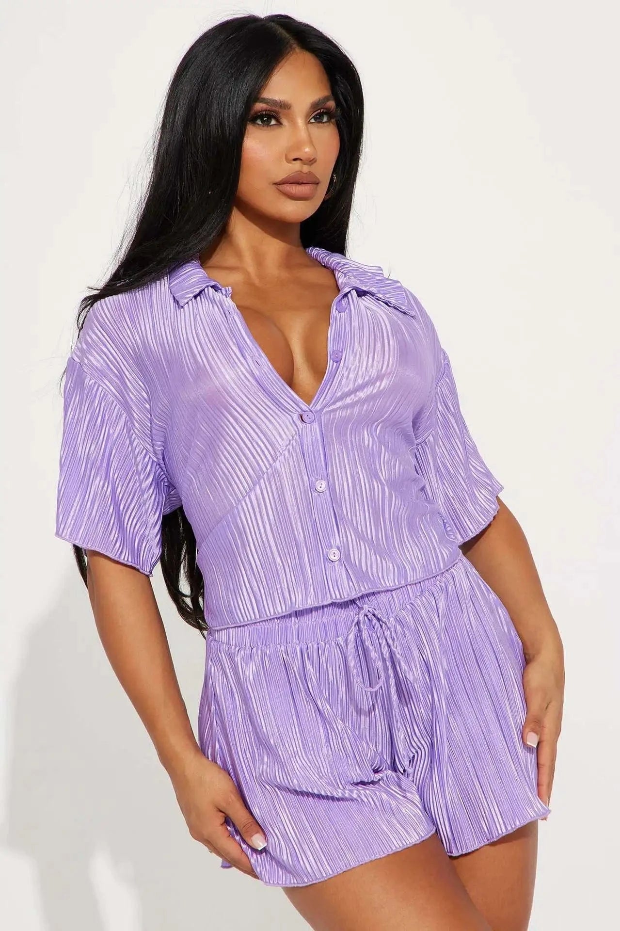 Arrivals summer 2024 women s clothing Bandages shirt two-piece Folds shorts 2 Piece Set Women