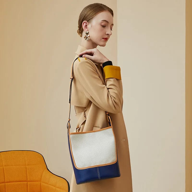 ARUBBIT Brand Luxury 2Pcs Set Of Bags Canvas Stitching Genuine Leather Women Ladies Bucket Bag Set